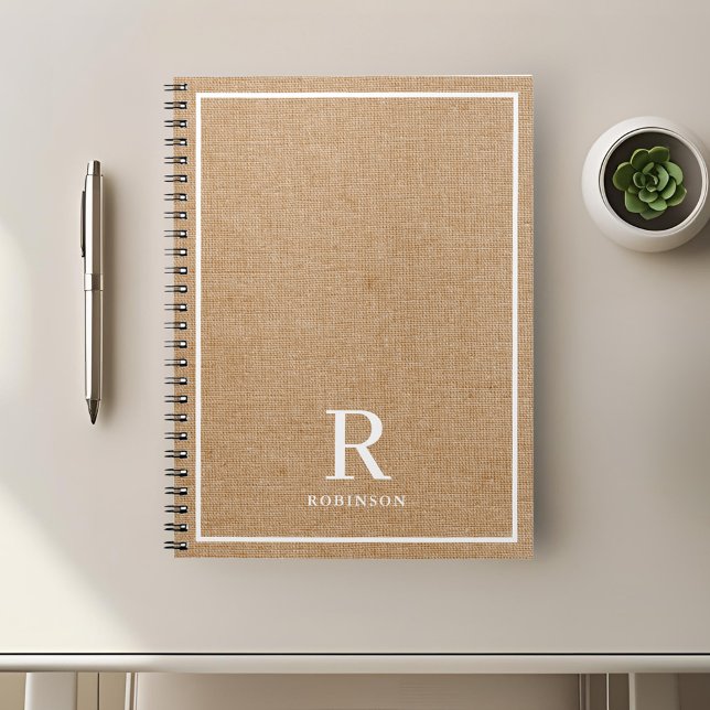 Modern Rustik Burlap-familj Namn Monogram Anteckningsbok (Skapare uppladdad)