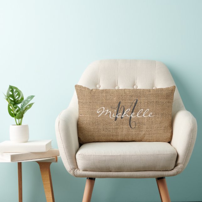 Modern rustik burlap personmonogram namn lumbarkudde (Stol)