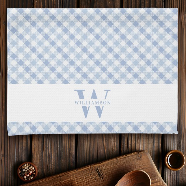 Modern Rustik Family Monogram Blue Gingham Play Kökshandduk (Skapare uppladdad)