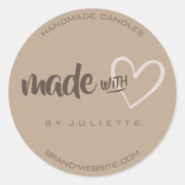 Modern Rustik gjord med Kärlek Heart Natural Brown Runt Klistermärke