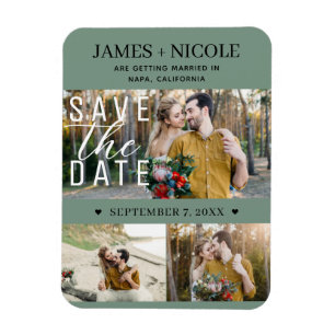 Modern Rustik Grön Save the Date Bröllop 3 Bilder Magnet