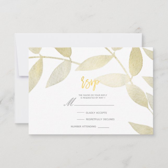 Modern Rustik Guldgulda Blad Botanisk RSVP OSA Kort (Framsida)