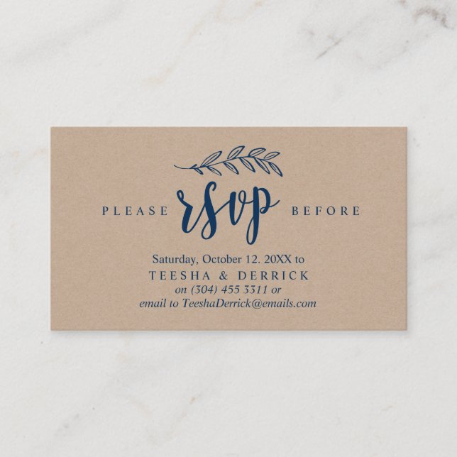 Modern rustik, marinblå, Bröllopsfestens OSA Tilläggskort (Framsida)