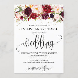 Modern rustik marsala blommigt boho bröllop inbjudningar