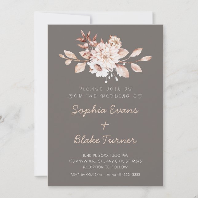 Modern Rustik Mjuk Blommig Mörk Silver Bröllop Inbjudningar (Framsida)