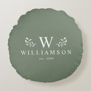 Modern Rustik Monogram Anpassad Familjenamn Grön Rund Kudde