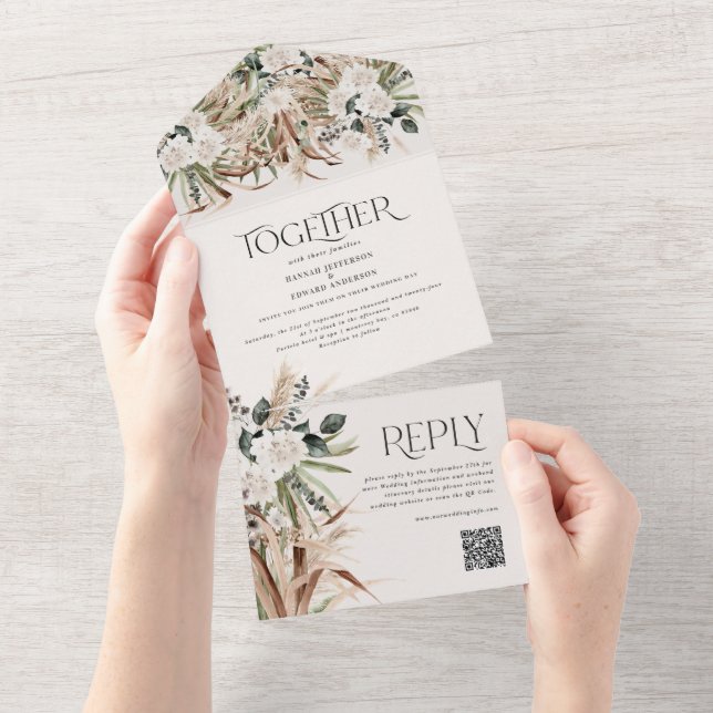 modern rustik pampas eucalyptus bröllop QR-kod Al (Tearaway)