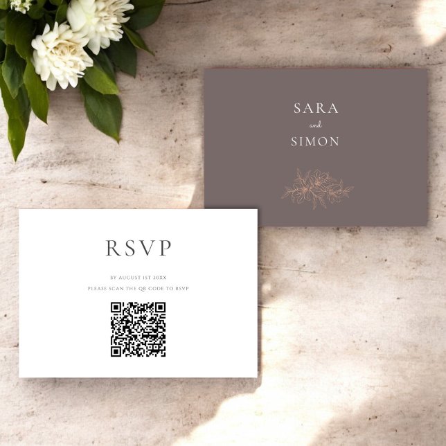 Modern rustik qr-Bröllop OSA Kort (modern rustic earty tones peach floral qr wedding rsvp card )