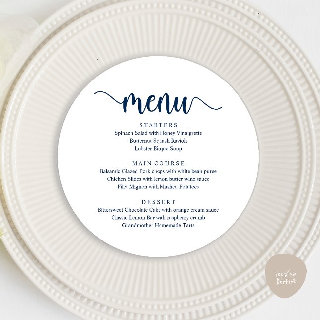 Modern Rustik Skrift, Bröllopsflykt Middag  Meny (Modern Rustic, Wedding Elopement Round Dinner Menu Card in Navy Blue)
