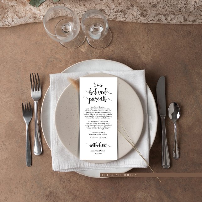 Modern Rustik, svart, Ställe-tack-kort Program (Wedding Dinner Place Setting Thank You Card, for Our Beloved Parents, in Modern Rustic themed)