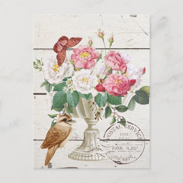 Modern rustik trä med blommor Botanisk konst Vykort (Framsida)