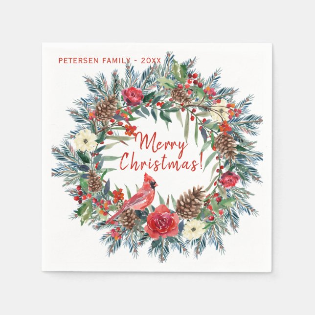 Modern rustik vattenfärgsfärgad blommigt God jul Pappersservett (Framsidan)