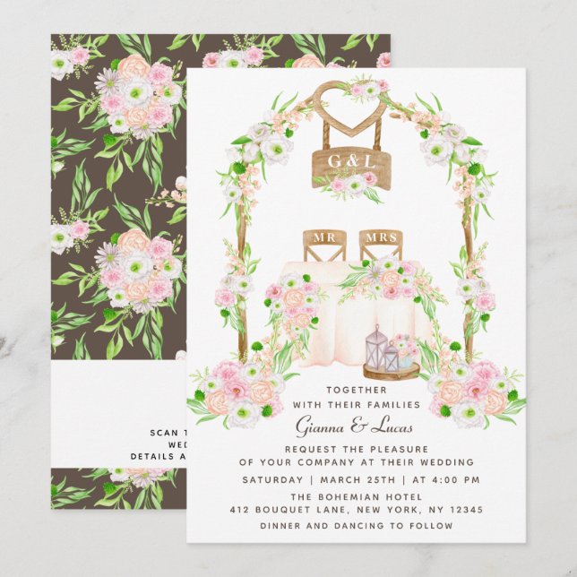 Modern Rustik Watercolor-Blommigt utomhus Bröllop Inbjudningar (Fram/baksida)