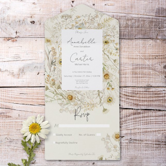 Modern rustiska torkade Daisy Blommigt nr middag (Modern Rustic Dried Daisies Floral No Dinner All In One Invitation)