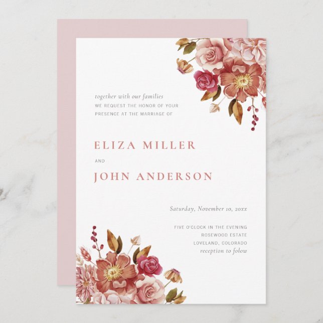  Modern Rustit Watercolor Blommigt Bröllop Inbjudningar (Fram/baksida)