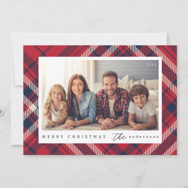 Modern rutig God Jul anpassad familjefoto Julkort (Framsida)