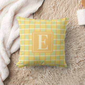 Modern Rutig Grön Gul Orange Monogram Kudde