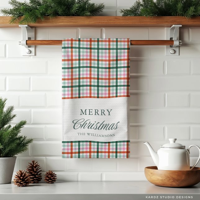 Modern Rutig Personlig Jul  Kökshandduk (Christmas Kitchen Towel shown in 3-fold. )