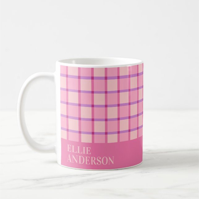 Modern Rutig Rosa Lila Personlig Kaffemugg (Vänster)