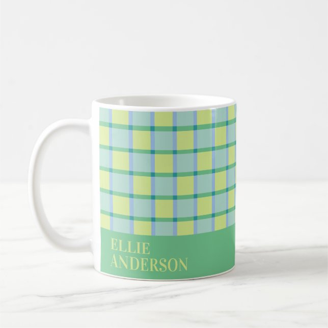 Modern Rutigt Blå Grön Lime Personlig Kaffemugg (Vänster)
