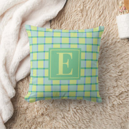 Modern Rutigt Blått Grönt Lime Monogram Kudde