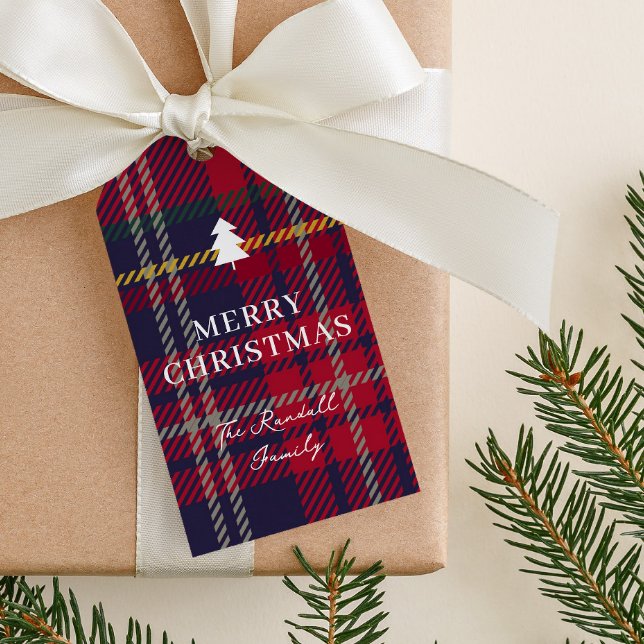 Modern rutmönstrad julgran  presentetikett (Rustic red plaid christmas tree gift tags.)