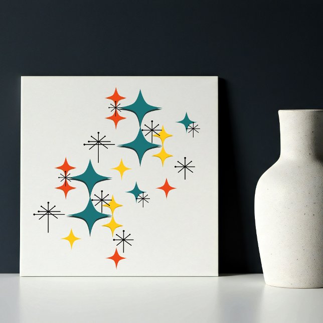 Modern rymdålder, stjärnsprängningar i medelårhund kakelplatta (Mid Century Modern Starbursts Stars Diamonds Pattern Red Teal Yellow)