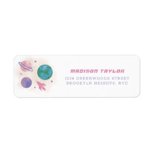 Modern Rymden Galaxy Rosa och Violet Planet Returadress Etikett
