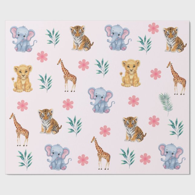 Modern Safari Djur i djungeln elefant Tiger Lejon  Presentpapper (Platt)