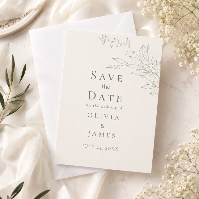 Modern Sage Botanical Save the Date-kort Inbjudningar (Modern Sage Botanical Save the Date Card on an elegant table with tiny flowers)