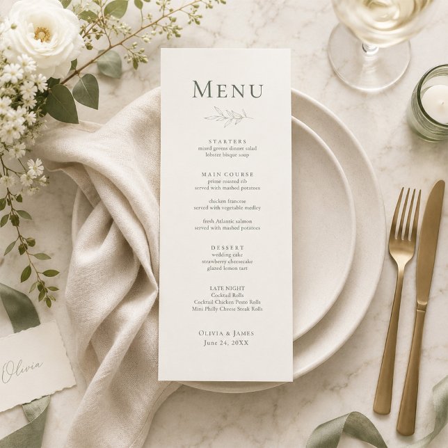 Modern Sage Botanisk Bröllopsmeny Kort (Modern Sage Botanical Wedding Menu Card on an elegant wedding dinner table with tiny flowers)