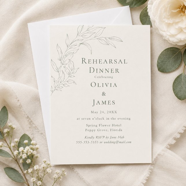 Modern Sage Botanisk Övningsmiddagsinbjudan Inbjudningar (Modern Sage Botanical Rehearsal Dinner Invitation on an elegant table with tiny flowers)