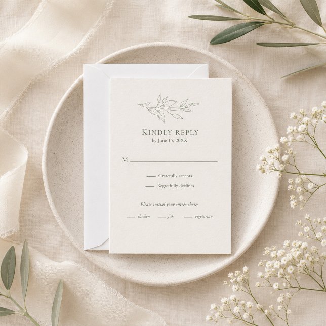 Modern Sage Botanisk RSVP-kort OSA Kort (Modern Sage Botanical RSVP Card on an elegant table with tiny flowers)