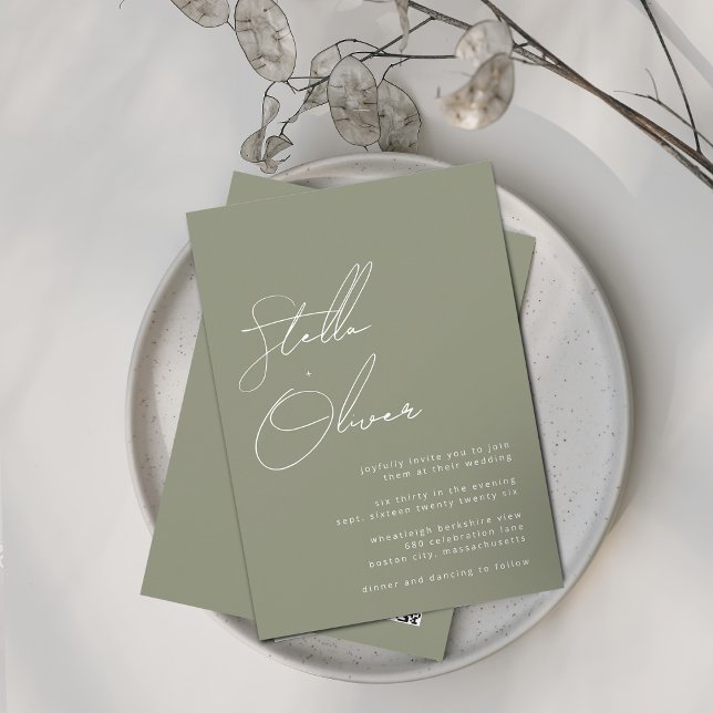 Modern Sage Calligraphy Namn QR Code Bröllop Inbjudningar (Modern Sage Calligraphy Names QR Code Wedding Invitation)