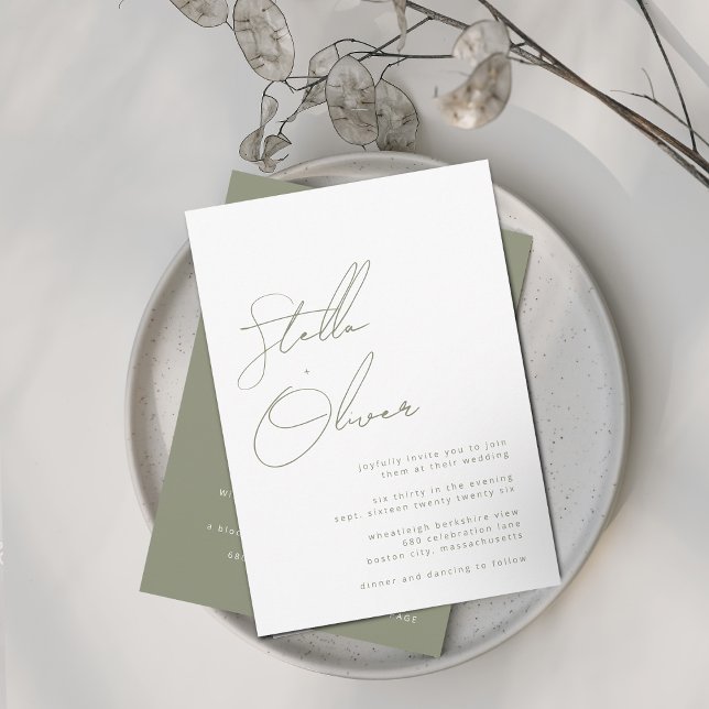 Modern Sage Calligraphy Namn with Details Bröllop Inbjudningar (Modern Sage Calligraphy Names With Details Wedding Invitation)