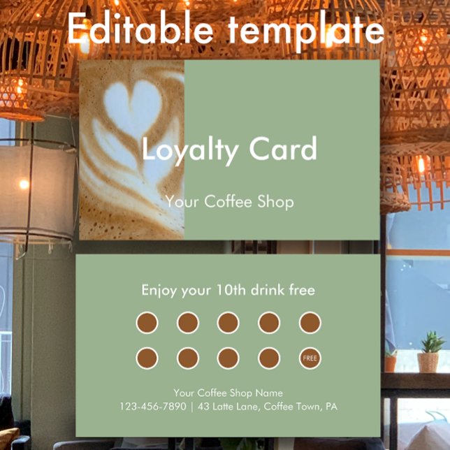 Modern Sage Custom Photo Coffee House Customer Lojalitetskort (Modern sage green custom loyalty card. Personalize the editable text.
)