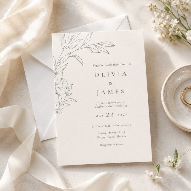 Modern Sage Elfenbensvit Botanisk Bröllopsinbjudan Inbjudningar (Modern Sage Ivory Botanical Wedding Invitation on an elegant table with rings and wedding decor)