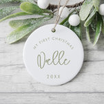 Modern Sage Font Baby första julfotfoto Julgransprydnad Keramik<br><div class="desc">Min första utmaning är Baby Mlestone-prydnadsföremål med ett foto,  med en modern grönt-typografi.</div>