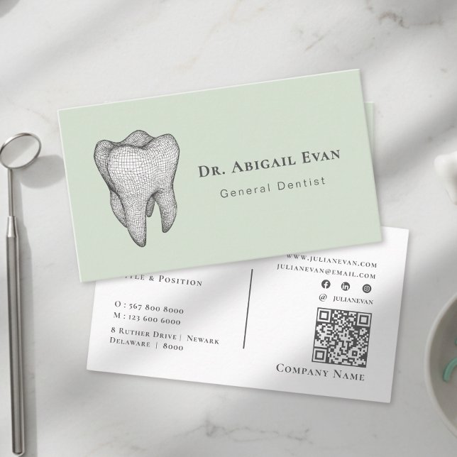Modern Sage Green 3D Tooth Icon Dental Clinic Visitkort (Modern Sage Green 3D Tooth Icon Dental Clinic Business Card)