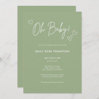 Modern Sage Green Baby Shower Minimal Script Inbjudningar