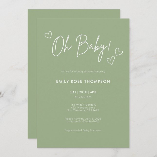 Modern Sage Green Baby Shower Minimal Script Inbjudningar (Fram/baksida)