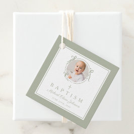 Modern Sage Green Baptism Photo Gåvor Etiketter
