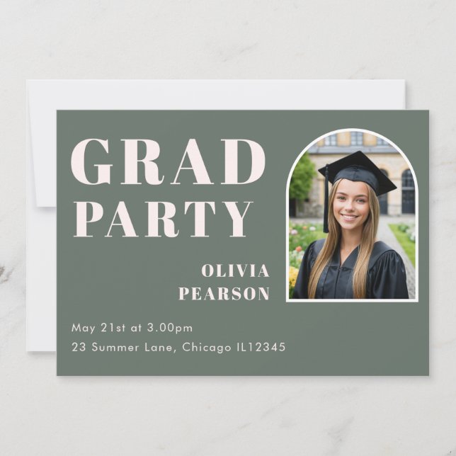Modern Sage Green Blush Pink Arch Photo Grad Party Inbjudningar (Framsida)