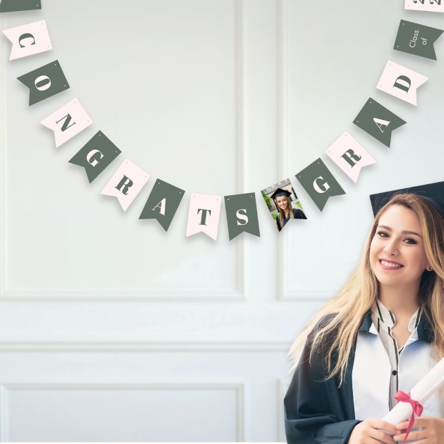 Modern Sage Green Blush Pink Graduation Photo Vimplar (Sage green and blush pink graduation party bunting with 'Congrats Grad' message and custom photo)