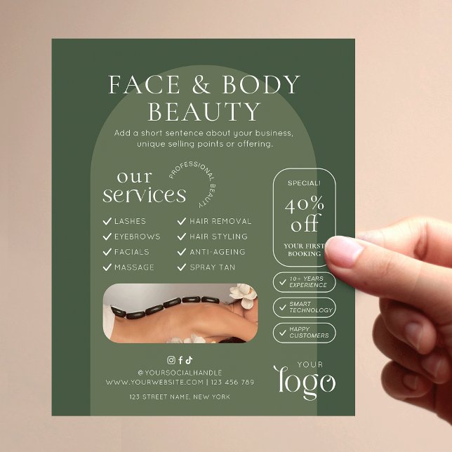 Modern Sage Green Boho Beauty Spa Salon Marketing Flygblad (Trendy boho arch business marketing flyer in earthy sage green tones)