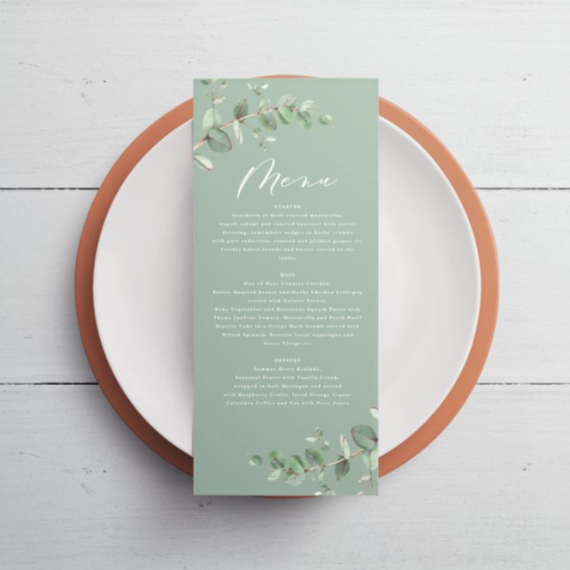 Modern sage green eucalyptus elegant bröllop meny (Skapare uppladdad)