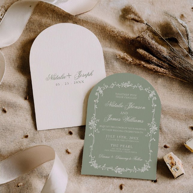 Modern Sage Green Floral Botanical Arched Wedding Inbjudningar (Skapare uppladdad)