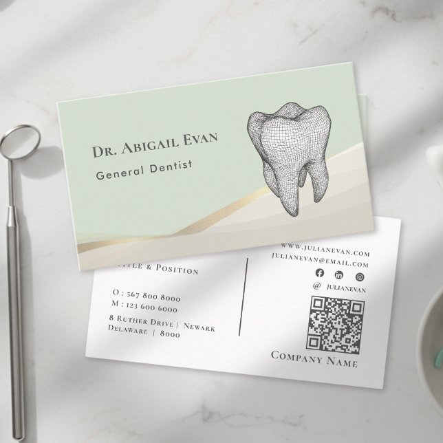 Modern Sage Green & Gold 3D Tooth Icon Dentist Visitkort (Modern Sage Green & Gold 3D Tooth Icon Dentist Business Card)