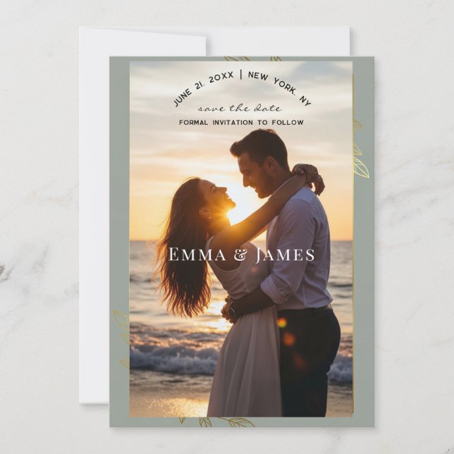 Modern Sage Green Gold Botanical Save the Date (Framsida)