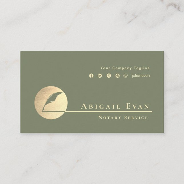 Modern Sage Green Gold Feather Logo Notary Service Visitkort (Framsida)